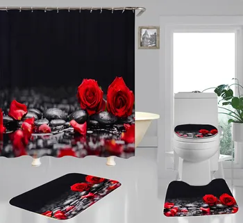 Red Rose&Tauriņš Vannas istaba ar neslīdošu Paklājiņu Komplekts Izturīgs, Ūdensnecaurlaidīgs Dušas Aizkaru Komplekts Pjedestāla Paklāju Vāks Tualetes Vāka Vannas Mat Paklāji