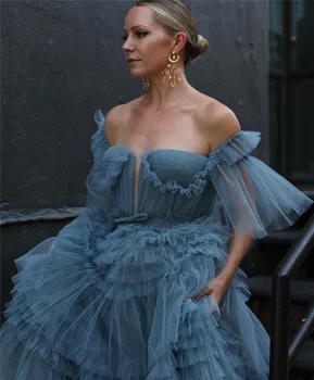 Putekļainās Zilu Pasaku Garā vakarkleita Drēbes de Soriee Ir 2021. Diferencētas Svārki Sievietēm Couture Balli Puse Kleitas Grīdas Garums pie Pleca
