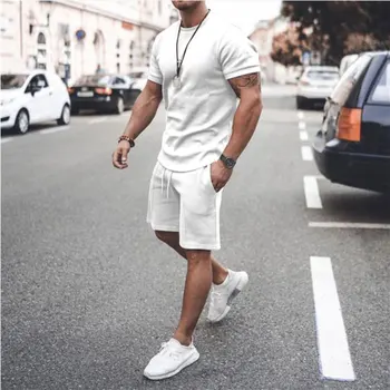Modes Vīriešu Ikdienas Kokvilnas Īss piedurknēm Krekls Bikses 2-gabals Uzvalks Ir 2021. Vasaras Vīriešu Uzvalks no Kokvilnas Auduma Gadījuma Sporta Slim