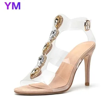 Ir 2021. Jauno Vasaras Modes Dizaina Kristālu Sieviešu Sandales Pārredzamu Plānas Augstiem Papēžiem Dāmas Open Toe Zapatos Mujer De Tacon Sūkņi