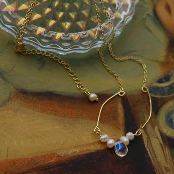AOMU Saldūdens Pērļu Caurspīdīga Kristāla Kulons sānslīdi kaklasaite Vienkāršs, Elegants Retro Waterdrop Regulējams Clavicle Ķēdes Sievietēm