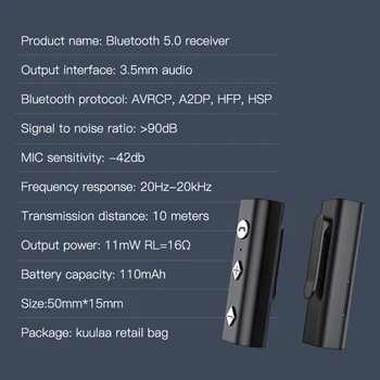 KUULAA AUX Adapteri Bluetooth 5.0 Uztvērējs, 3,5 mm Austiņu Skaļruņa Mūzikas Bluetooth Raidītāju Auto Audio Uztvērējs