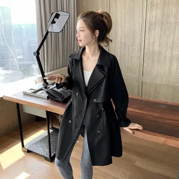 Women Trench Coats 2021 New Autumn Casual Lapel Drawstring Double Breasted Mid Length Jacket Vintage Ladies Oversize Windbreaker