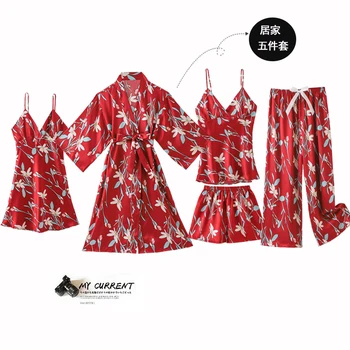 5GAB Sleepwear Sieviešu Pidžamas Komplekts Satīna Pyjamamas Sexy Drukāt Raibs Līgavas Kāzu Naktsveļu Viskozes Mājas apstākļos, Nighty&Drēbes Uzvalku