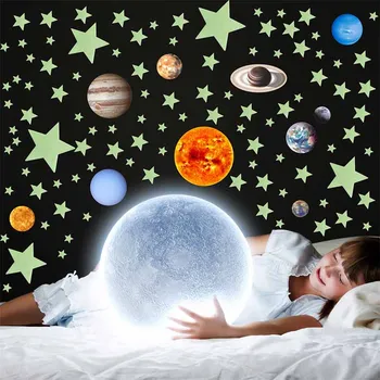 SMGSLIB Gaismas Kosmosa Planētas Sienas Stickerr Guļamistaba, Dzīvojamā istaba Fluorescences Zvaigžņu Mēness Dekoratīvās Uzlīmes Kwaki anime uzlīmes