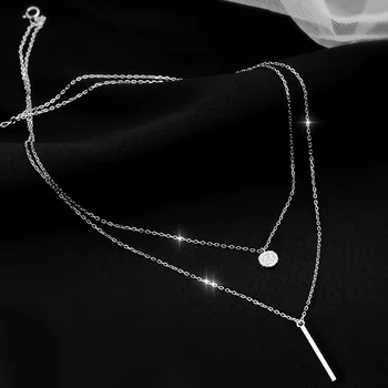 925 prata esterlina dupla camada colar redondo brilhante completo zircão longo pingente colares presente para menina acessórios