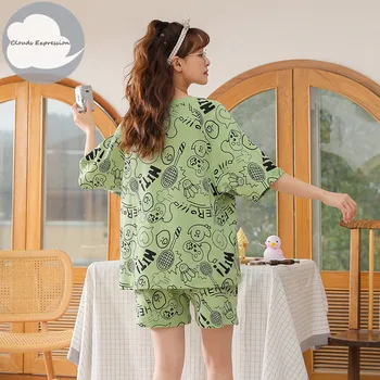 Vasaras Adīti Kokvilnas Catoon Pajama Komplekti Sieviešu Pidžamas Sieviešu loungewear Pijama Mujer Homewear Meitenes Nakts tērpi Mājas Modes