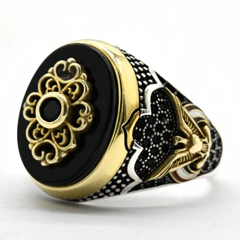 Jaunā stila zircon autentisks sudraba antīko turcijas melnās agate gredzenu, spinel vīriešu krāsains punk stils