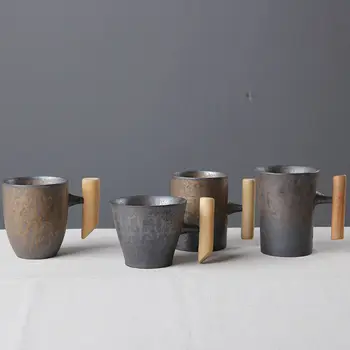 Japāņu stila Vintage Keramikas Kafijas Krūze Akrobāts Rūsas Glazūru Tēja Piens Alus Krūze ar Koka Rokturi Ūdens Kausa Mājas Biroja Drinkware